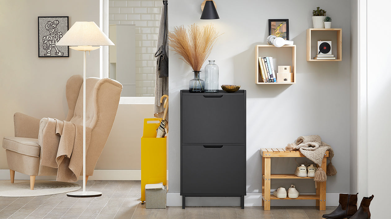 SoBuy | Schuhkipper mit 2 Klappen | Schuhschrank | Schuhkommode | Schwarz | 50x90x19cm | FSR151-SCH