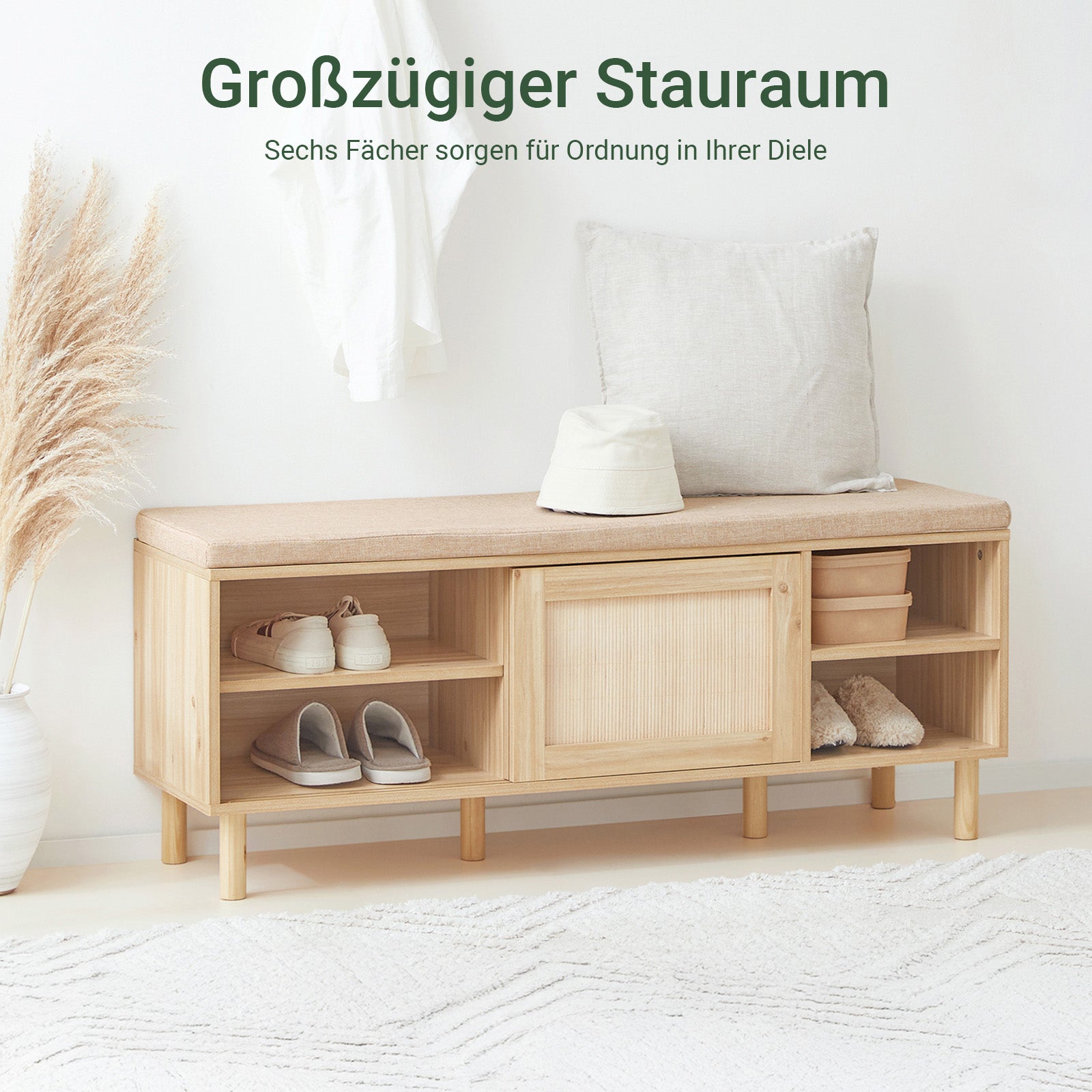 SoBuy | Schuhbank mit Sitzfläche | Dielenbank mit Schiebetüren | Natur | FSR163-N