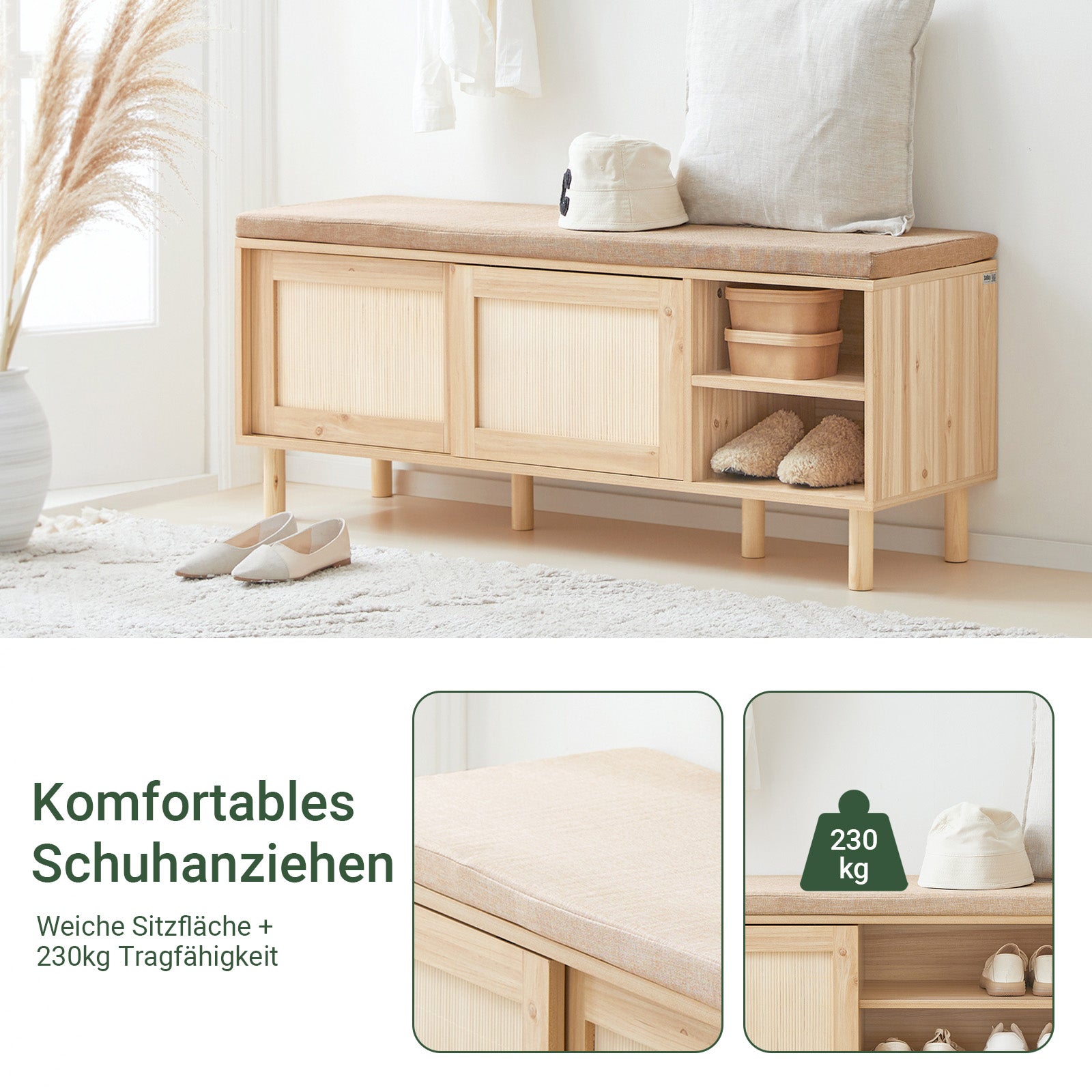 SoBuy | Schuhbank mit Sitzfläche | Dielenbank mit Schiebetüren | Natur | FSR163-N