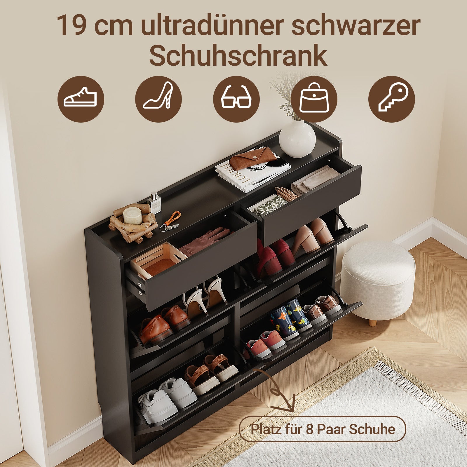 SoBuy Schuhkipper Schmaler mit 4 Klappen und 2 Schubladen für Flur Schwarz FSR169-SCH