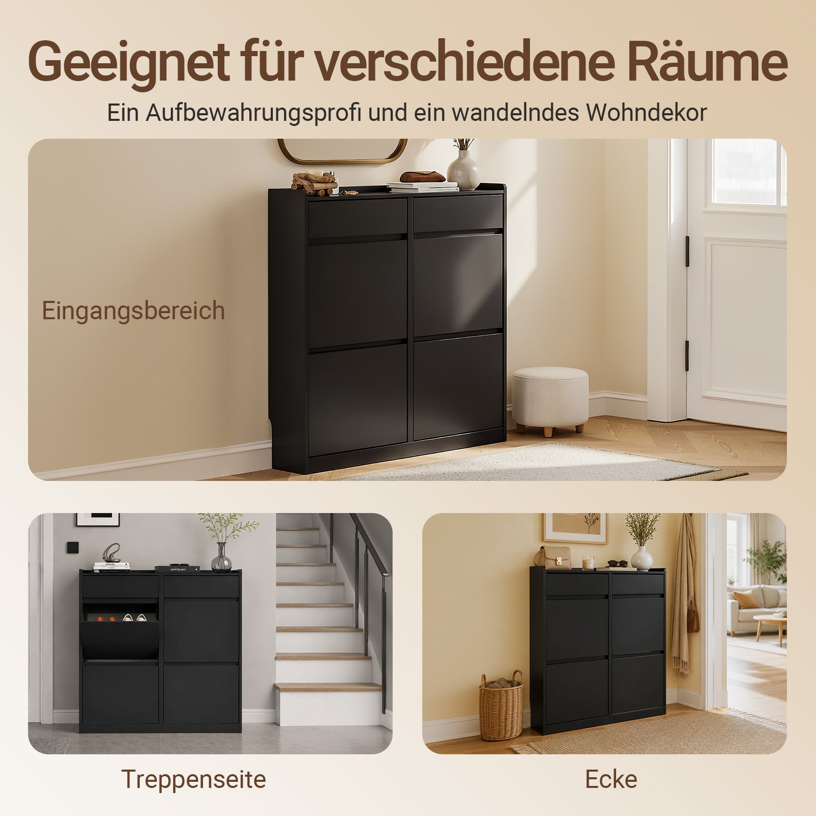SoBuy Schuhkipper Schmaler mit 4 Klappen und 2 Schubladen für Flur Schwarz FSR169-SCH