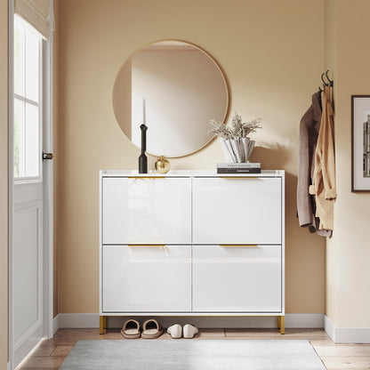 SoBuy | Schuhkipper Schmal | Schuhschrank | mit 4 Klappen | Hochglanz Weiß mit Goldgriffen | FSR206-GW
