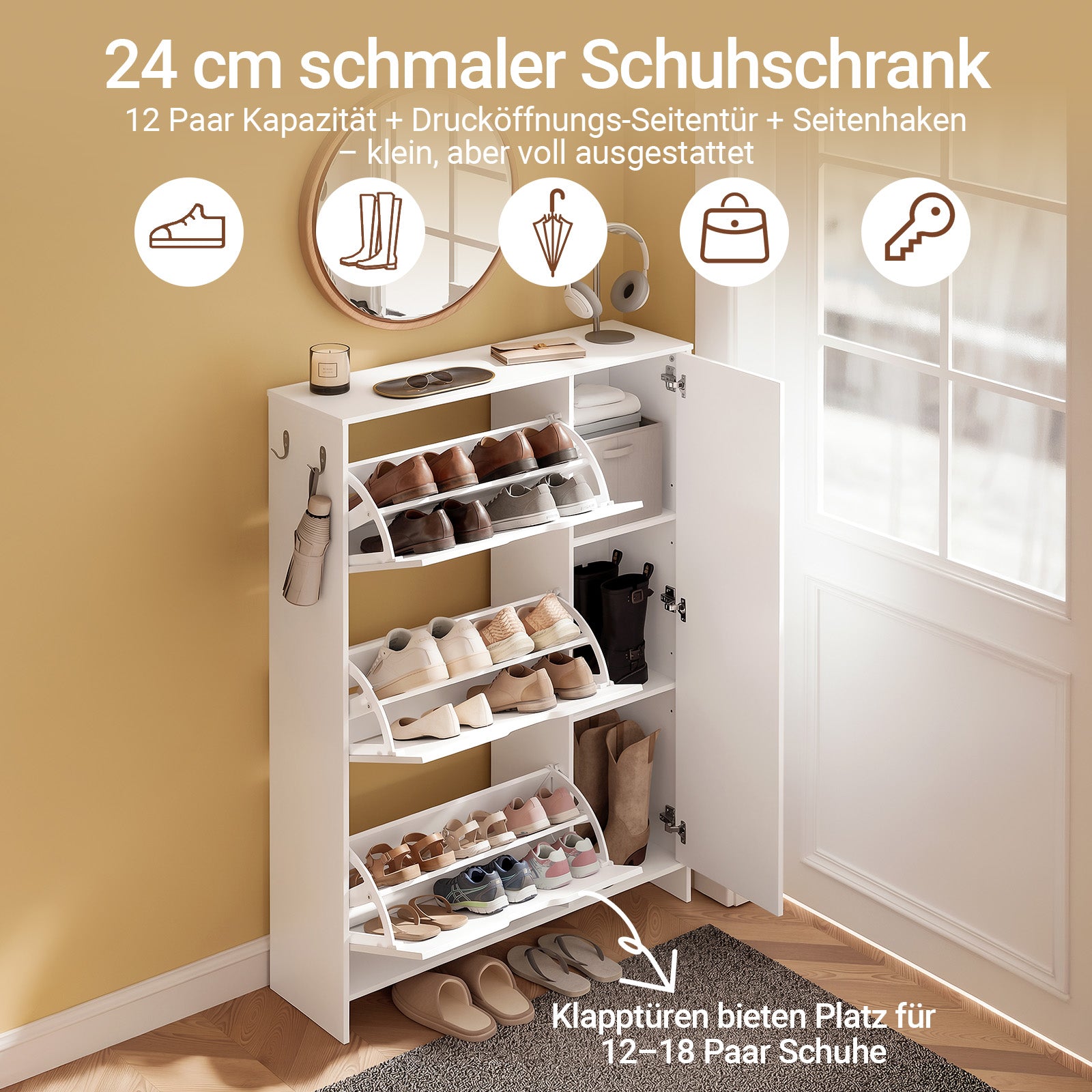 SoBuy Schuhschrank Weiß Klappschrank für 12 Paar Schuhe + 3 Seitenfächer FSR220-W