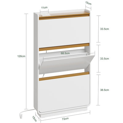 SoBuy Schuhkipper Schuhschrank schmal mit 3 Klappen & Steckdose Weiß 72×15×126 cm FSR228-E-WN