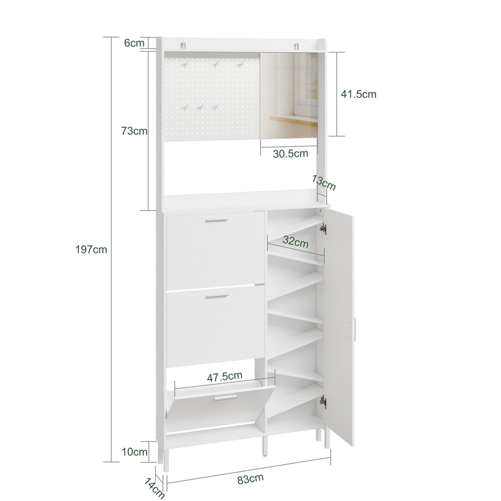 SoBuy | Schuhkipper | Schuhschrank schmal hoch Weiß mit Spiegel und 6 Haken | Weiß | FSR233-W