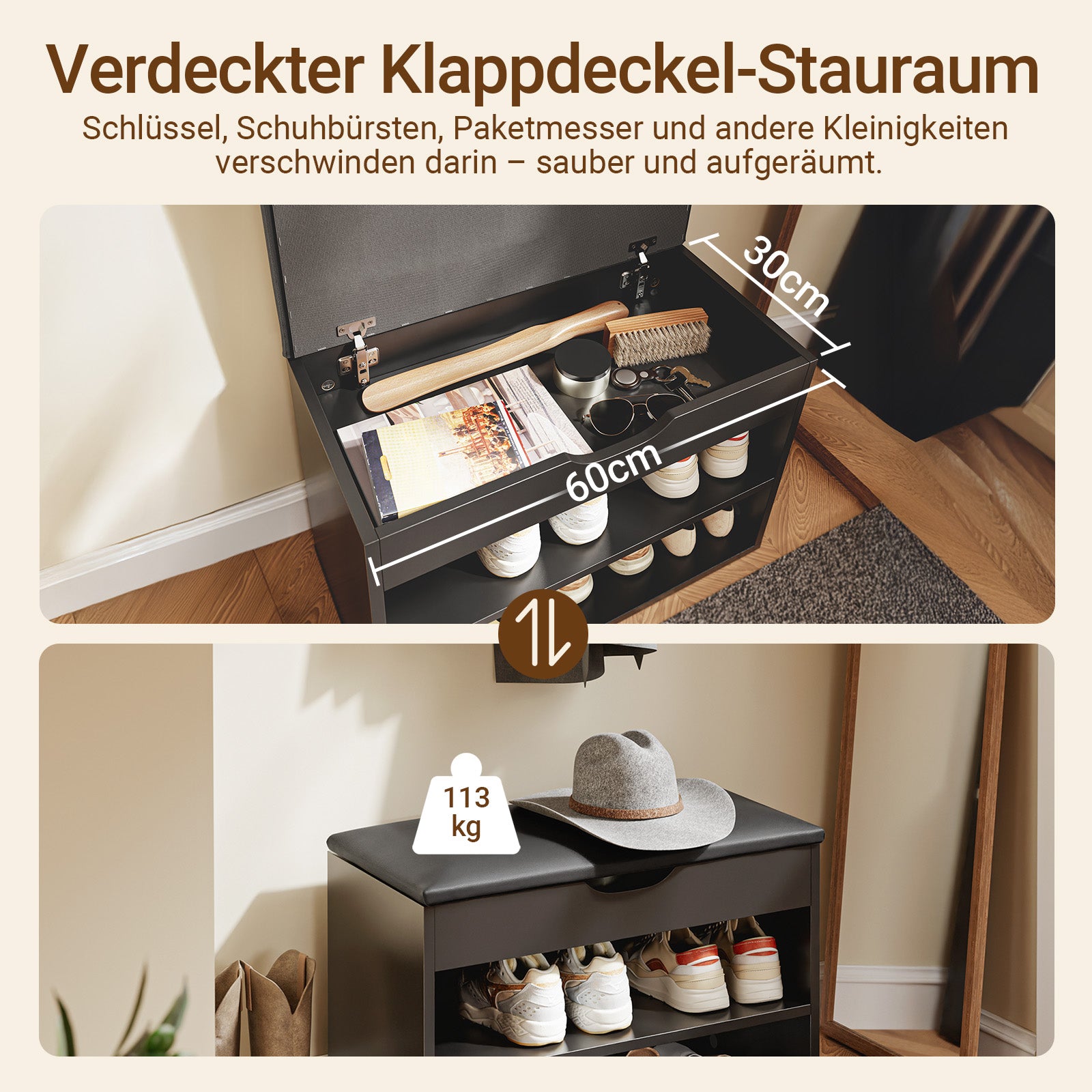 SoBuy | Schuhbank mit Sitzfläche | Schuhregal 3-in-1 | Schwarz | FSR25-SCH