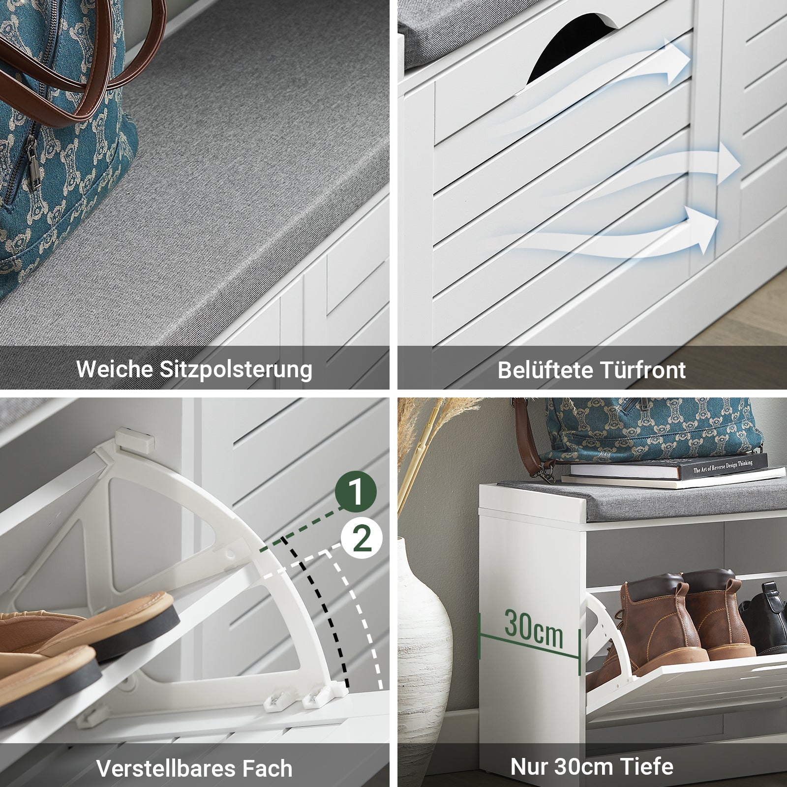 SoBuy | Schuhkipper | Schuhbank mit Schuhfach | Landhausstil Weiß | FSR62-II-W