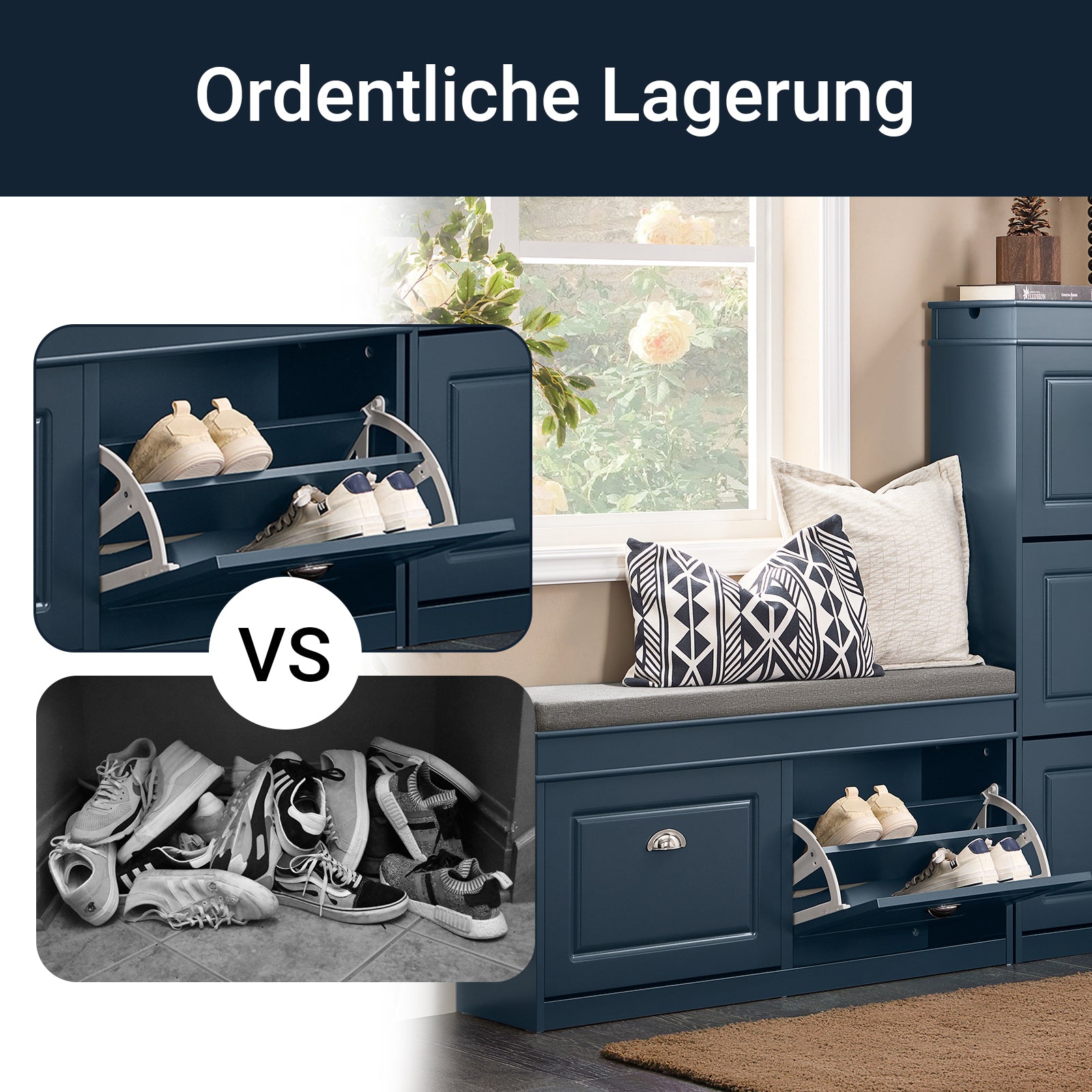 SoBuy | Schuhbank mit 2 Klappen | Schuhfach | Landhausstil Blau | FSR64-B