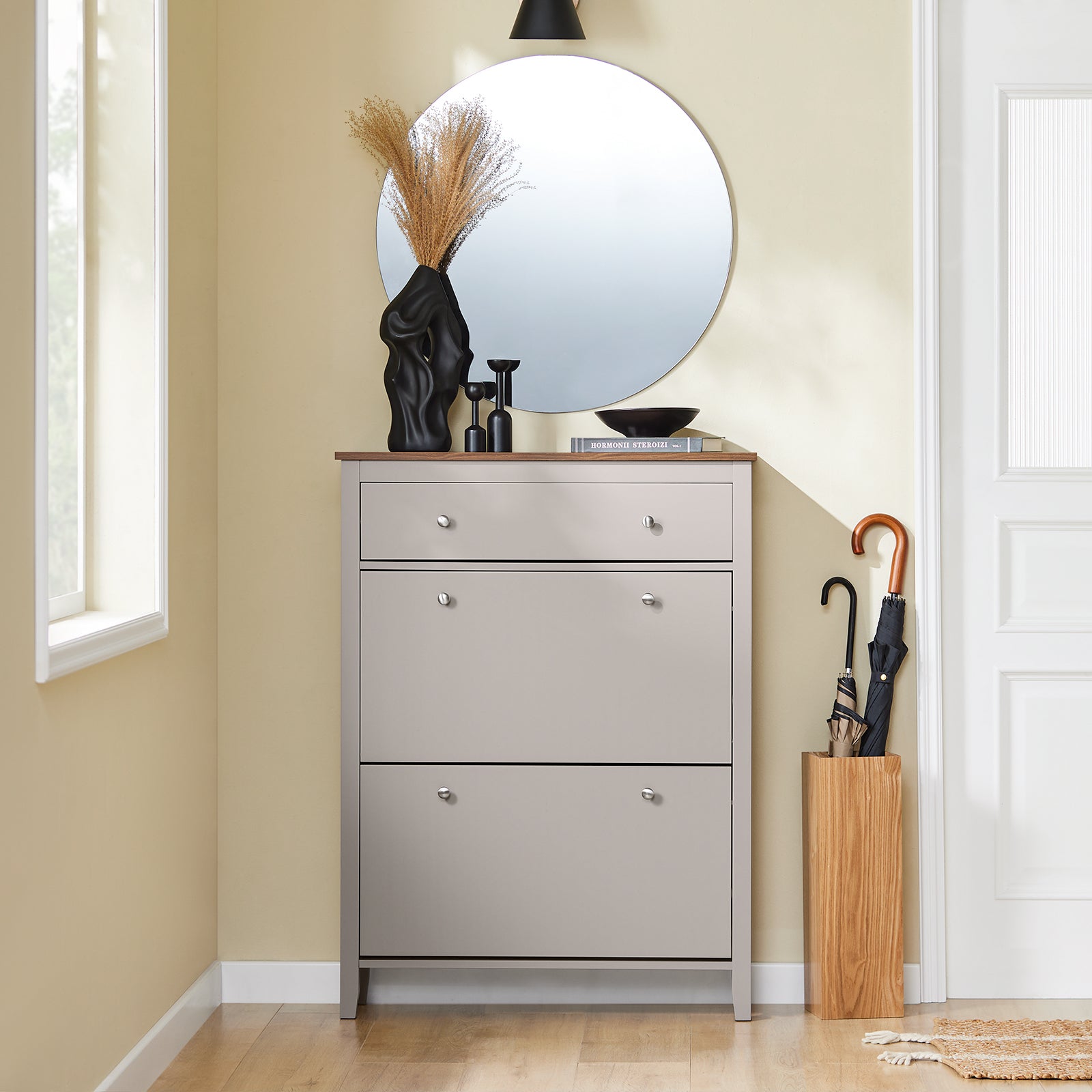 Vorverkauf | SoBuy | Schuhschrank Schmal | mit 2 Klappen & Schublade | Platz für 12 Paar Schuhe | Hellbraun | B80xT25xH108cm | FSR89-KA