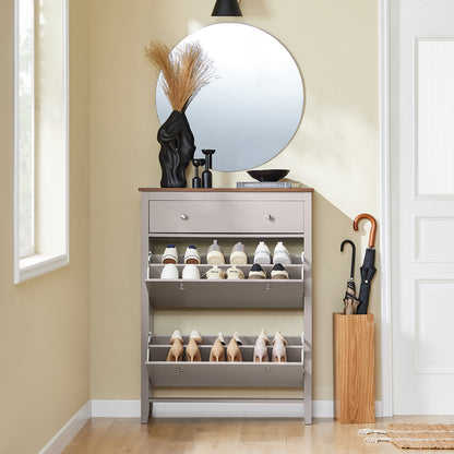 Vorverkauf | SoBuy | Schuhschrank Schmal | mit 2 Klappen & Schublade | Platz für 12 Paar Schuhe | Hellbraun | B80xT25xH108cm | FSR89-KA