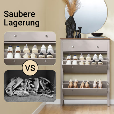 SoBuy | Schuhschrank Schmal | mit 2 Klappen & Schublade | Platz für 12 Paar Schuhe | Hellbraun | B80xT25xH108cm | FSR89-KA