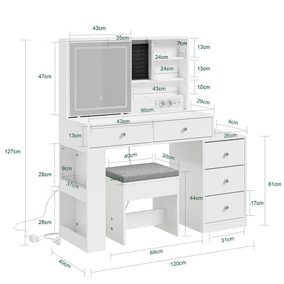 SoBuy Schminktisch mit LED-Beleuchtung, Ladestation und Hocker FWT114-E-W