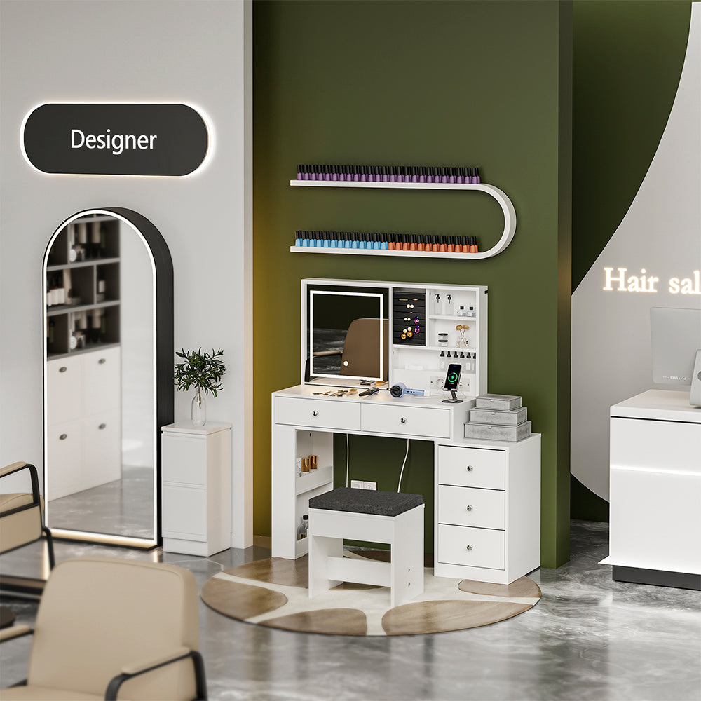 SoBuy Schminktisch mit LED-Beleuchtung, Ladestation und Hocker FWT114-E-W