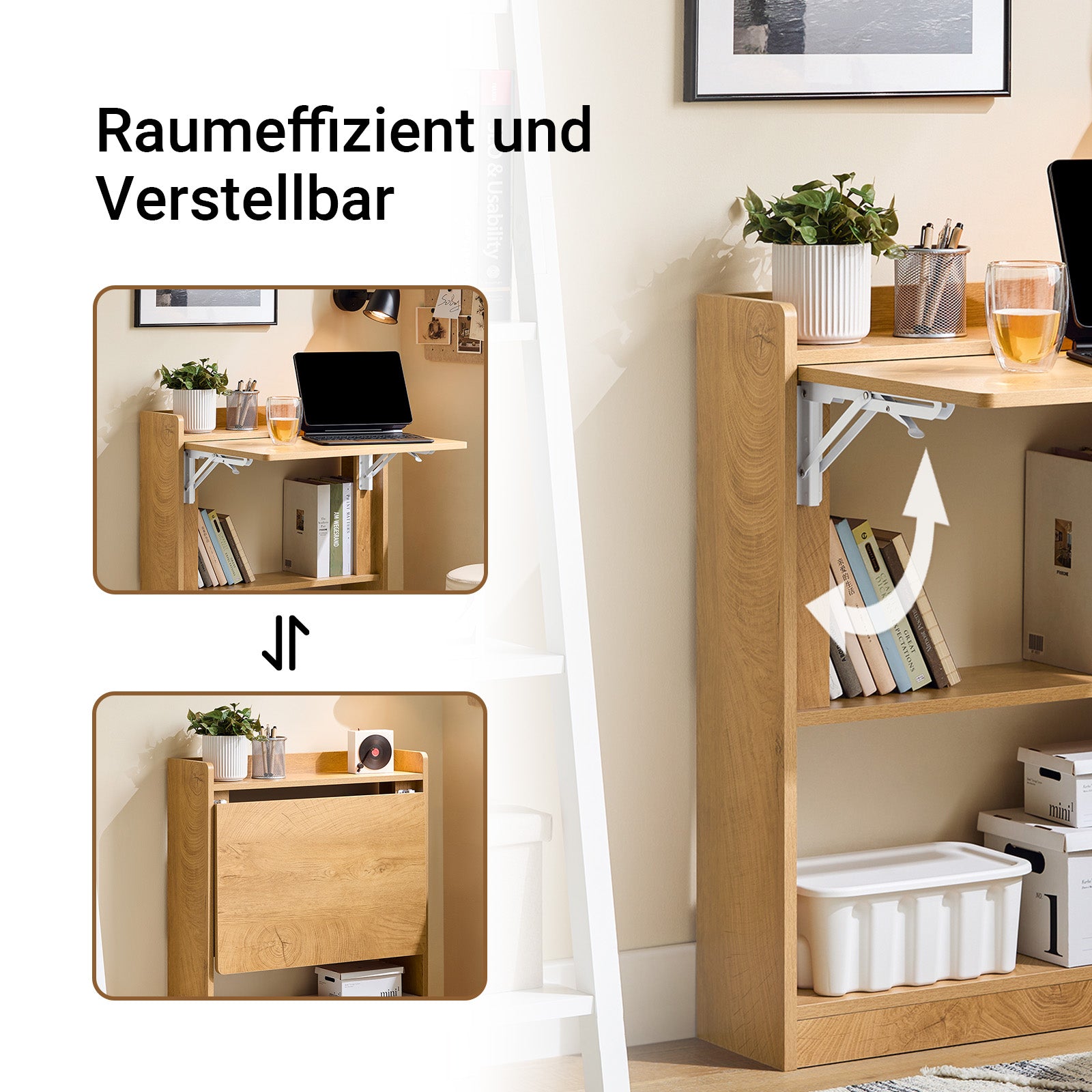 SoBuy | Klapptisch mit 3 Ablagen | Schreibtisch klappbar | Computertisch | Arbeitstisch | Natur | FWT92-N