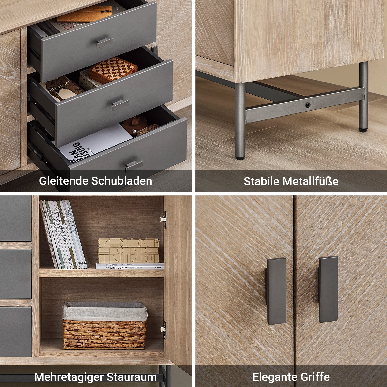 SoBuy | Sideboard Kommode Küchenschrank | 3 Schubladen & 3 Türen | vormontiert & stabil | Gummibaumholz | HFSB05-N
