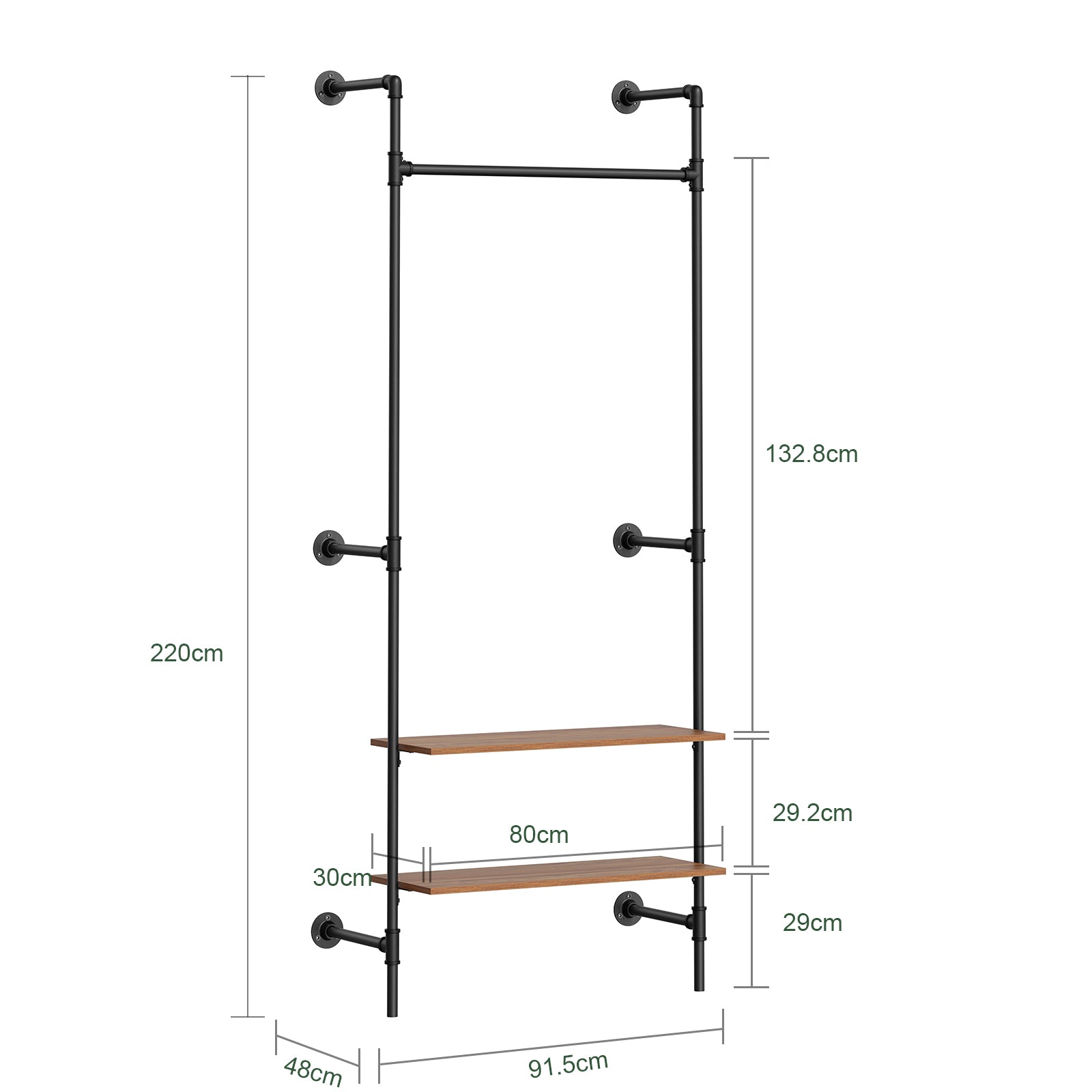 SoBuy Kleiderstange Wandmontage mit 2 MDF Regalböden 45kg Tragkraft  Schwarz KLS20-SCH
