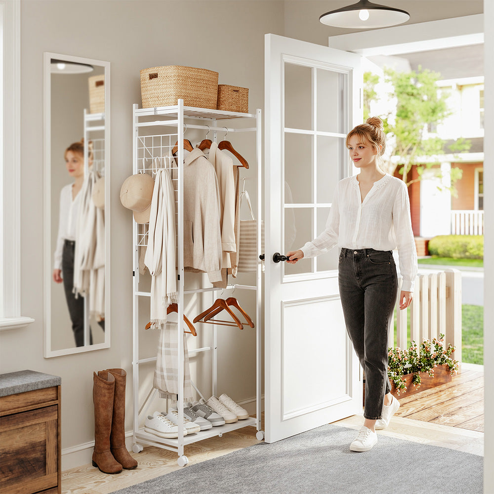 SoBuy | Kleiderständer | Kleiderständer auf Rollen weiß Metall stabil | White | KLS21-W