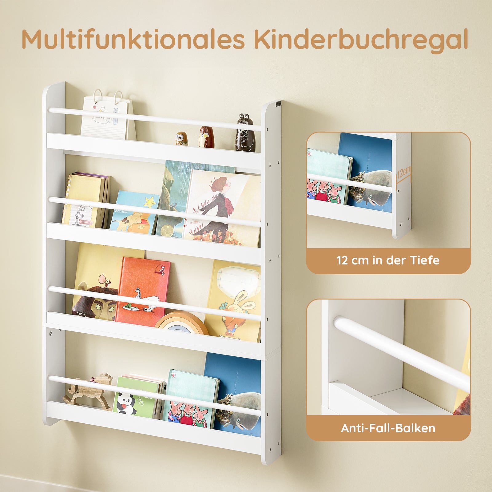 SoBuy | Kinder Bücherregal | Wandregal für Kinder | mit 4 Ablagen | KMB08-II-W