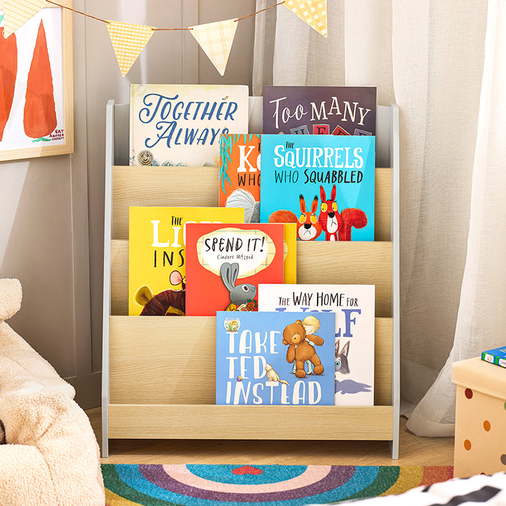 SoBuy | Kinderbücherregal | Zeitungsständer | Aufbewahrungsregal für Kinder | Grau/Natur | KMB106-HG