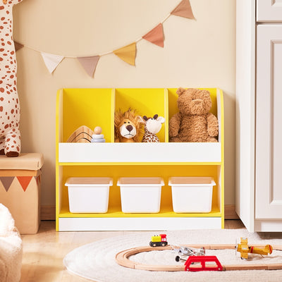 SoBuy | Kinderbücherregal | Spielzeugtruhe | Aufbewahrungsregal Kinderzimmer | Gelb/Weiß | KMB107-G
