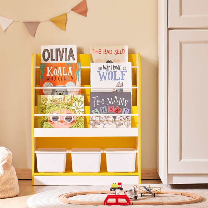 SoBuy | Kinderbücherregal | Zeitungsständer | Aufbewahrungsregal | Gelb/Weiß| KMB108-G