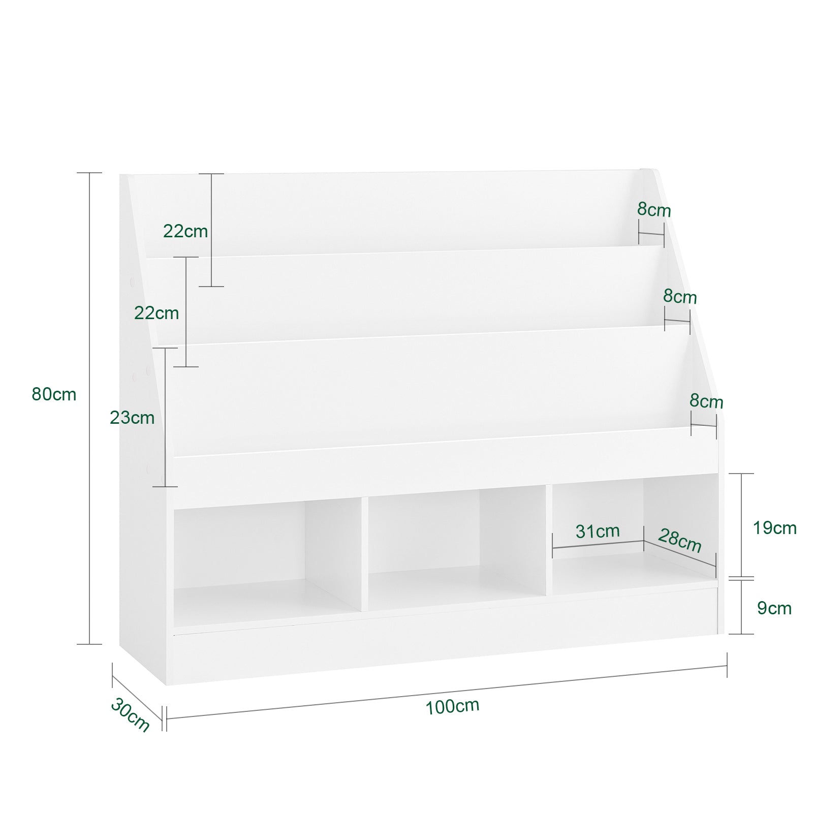 SoBuy | Kinderregal | mit 3 Ablagefächern | Spielzeug Aufbewahrung Regal | Weiß & Praktisch 100x80x30 | KMB118-W