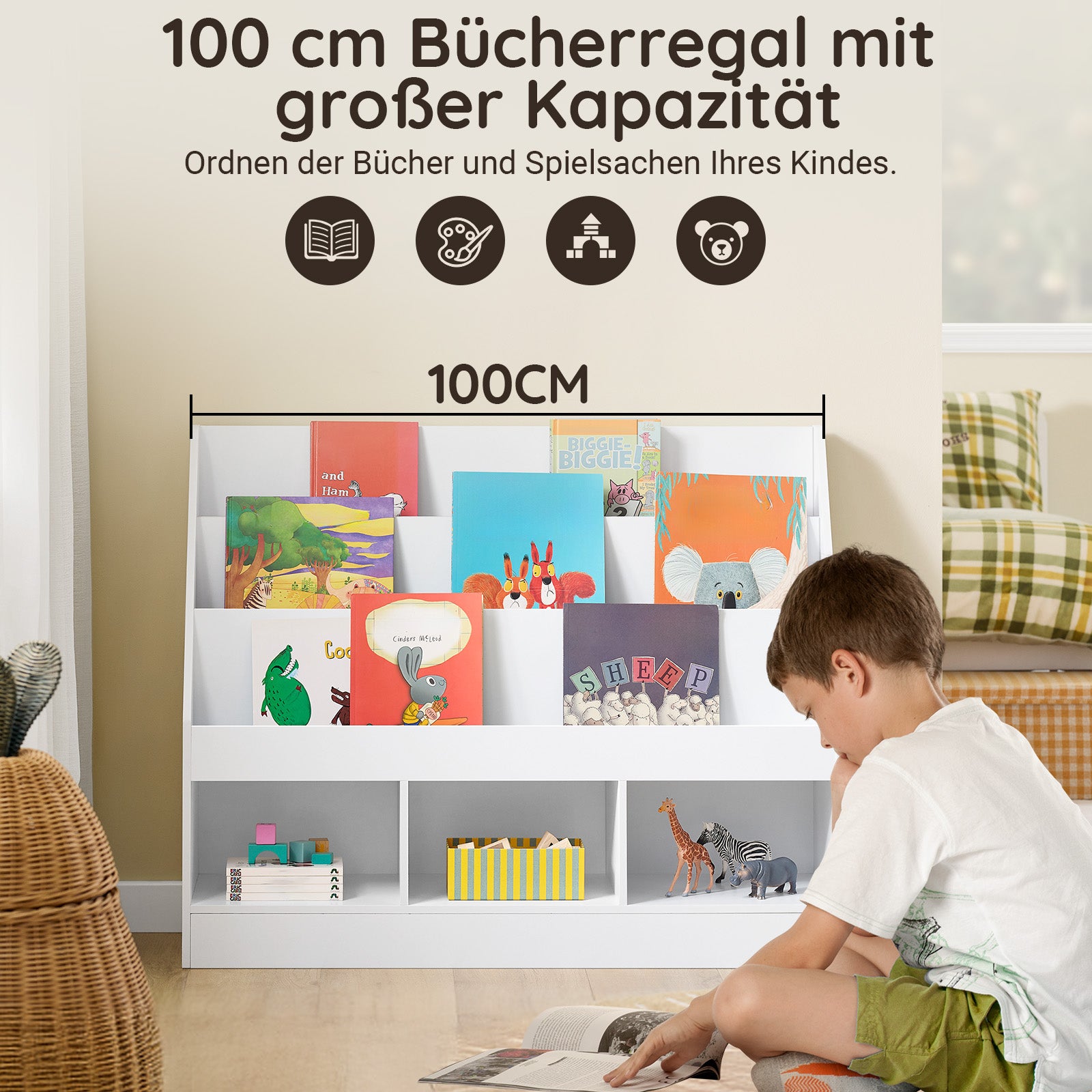 SoBuy | Kinderregal | mit 3 Ablagefächern | Spielzeug Aufbewahrung Regal | Weiß & Praktisch 100x80x30 | KMB118-W