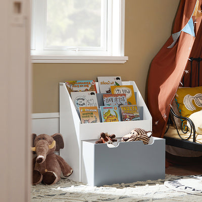 SoBuy | Kinderbücherregal | Spielzeugtruhe | Aufbewahrungsregal Kinderzimmer | Weiß/Grau| KMB17-HG