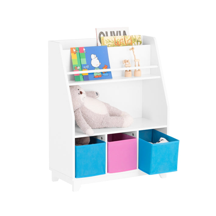SoBuy | Bücherregal Kinder | Kinderregal mit 3 Boxen | Spielzeugregal | Weiß-Blau&Rosa | KMB34-F