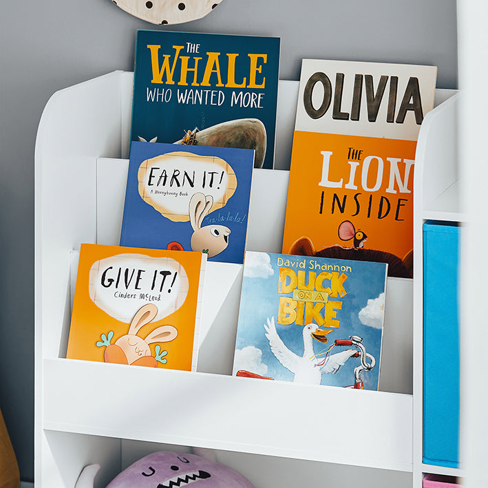 SoBuy | Kinderbücherregal | Spielzeugtruhe | Aufbewahrungsregal für Kinder | Weiß-Rosa | KMB37-F