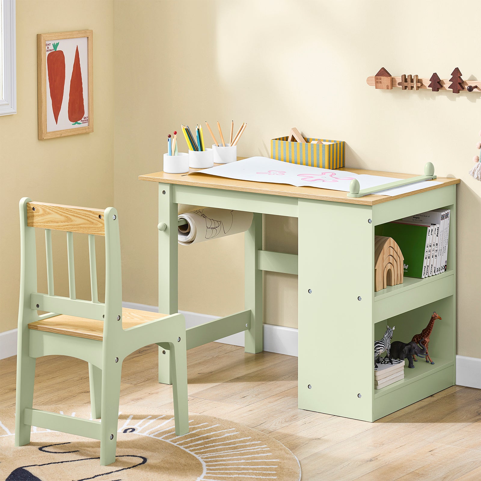 SoBuy | Kindertisch mit 1 Stuhl | Kindersitzgruppe | mit 1 Papierrollenhalter | Maltisch für Kinder | Grün | KMB60-GR