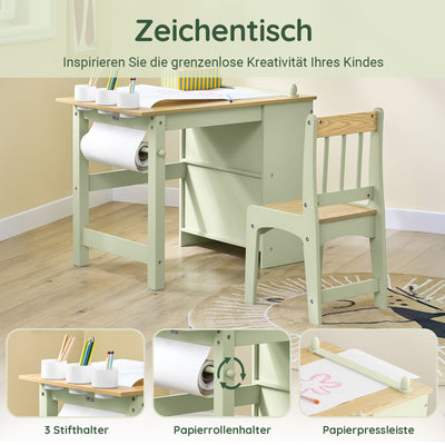 SoBuy | Kindertisch mit 1 Stuhl | Kindersitzgruppe | mit 1 Papierrollenhalter | Maltisch für Kinder | Grün | KMB60-GR