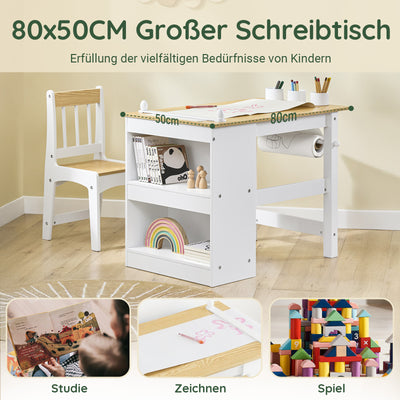 SoBuy | Kindertisch mit 1 Stuhl | Kindersitzgruppe | Maltisch für Kinder | Weiß und Natur | KMB60-WN