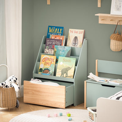 Vorverkauf | SoBuy Kinder Bücherregal mit Spielzeugtruhe | Aufbewahrungsregal Kinderzimmer 80cm | Grün-Natur | KMB95-GR