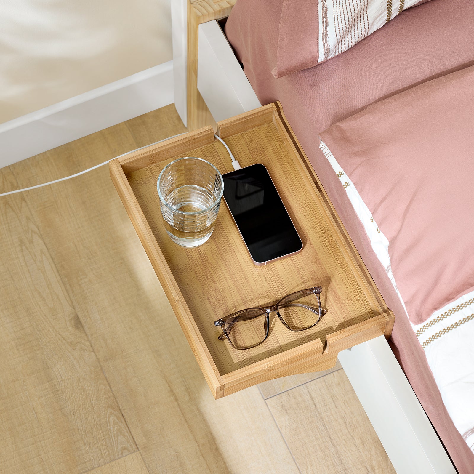 SoBuy | Bettablage | mit Kabelführung | Nachttisch Bambus | NKD01-N