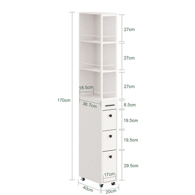 SoBuy Schmaler Schrank mit 4 Schubladen Creme Weiß Rollen 3 offene Böden 40x20x170 cm NSR13-WG