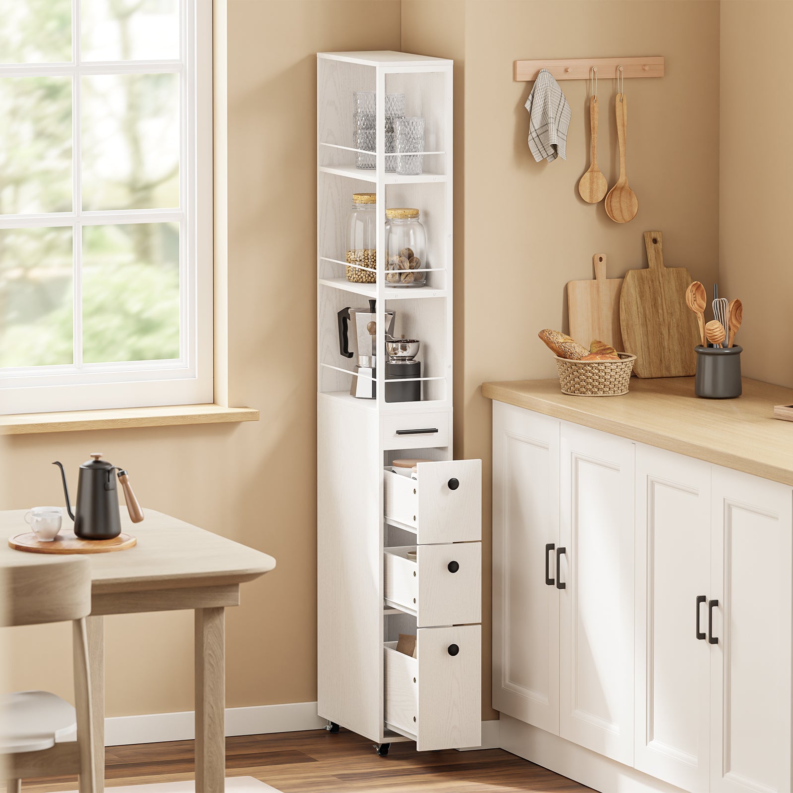 SoBuy Schmaler Schrank mit 4 Schubladen Creme Weiß Rollen 3 offene Böden 40x20x170 cm NSR13-WG