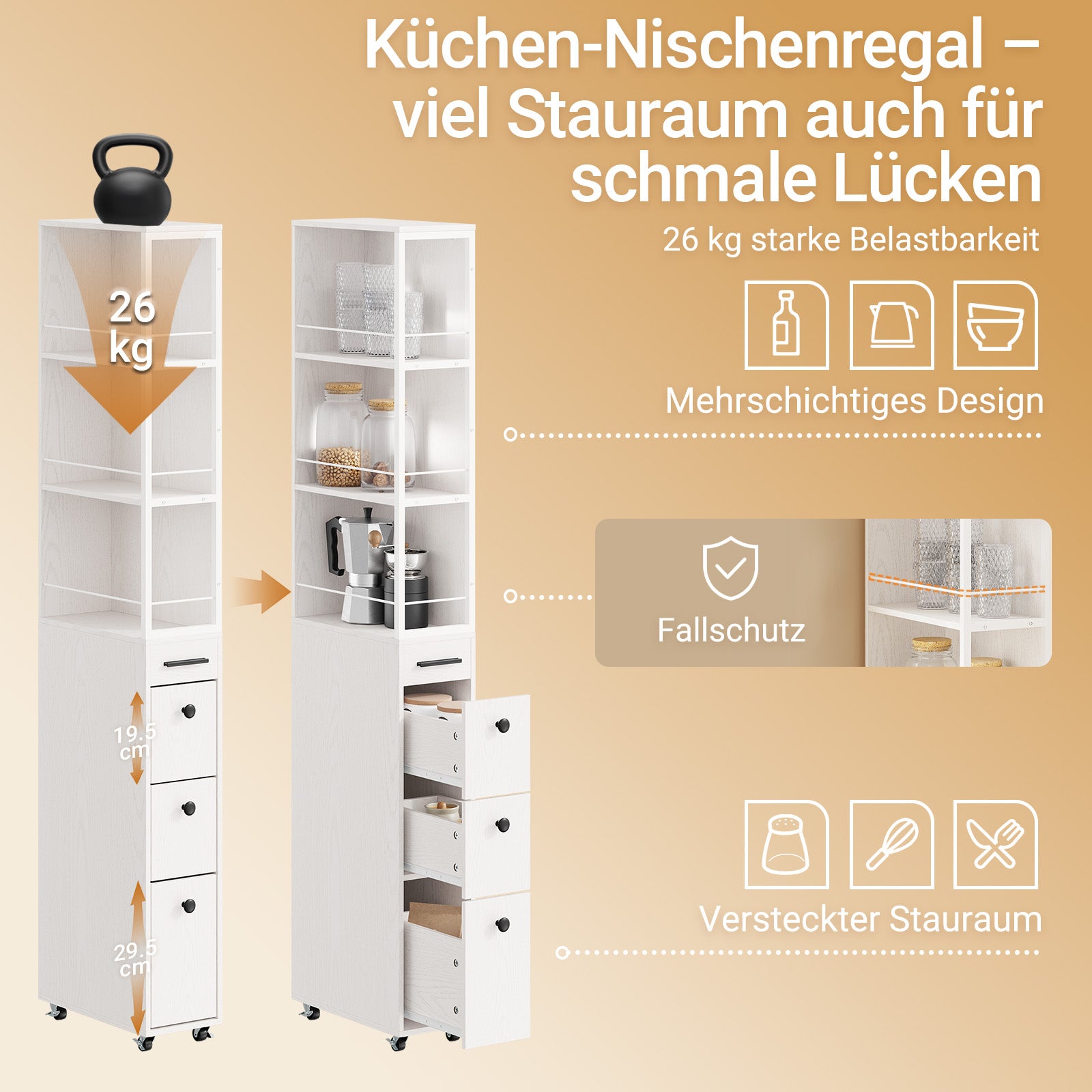 SoBuy Schmaler Schrank mit 4 Schubladen Creme Weiß Rollen 3 offene Böden 40x20x170 cm NSR13-WG