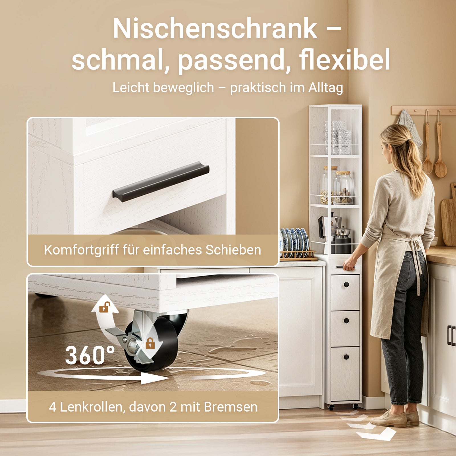 SoBuy Schmaler Schrank mit 4 Schubladen Creme Weiß Rollen 3 offene Böden 40x20x170 cm NSR13-WG
