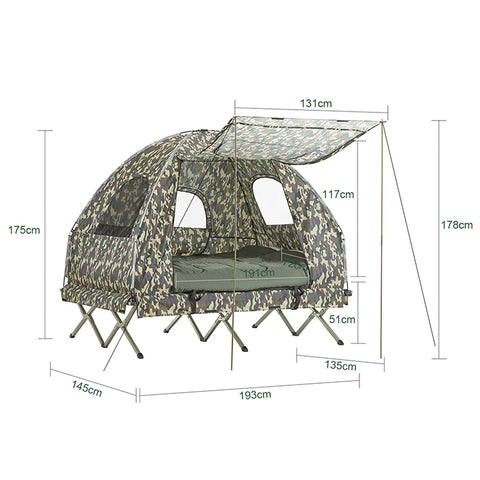 SoBuy | 4in1-Zelt mit Vorzelt | Für 2 Personen | Wurfzelt | Feldbett | mit Campingliege | Tarnfarbe | OGS61-L-TN