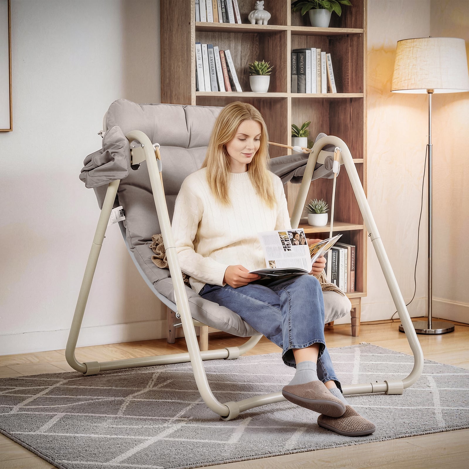 SoBuy Outdoor Hängesessel mit Sonnendach | Hängestuhl für Garten & Balkon Beige OGS62-MI