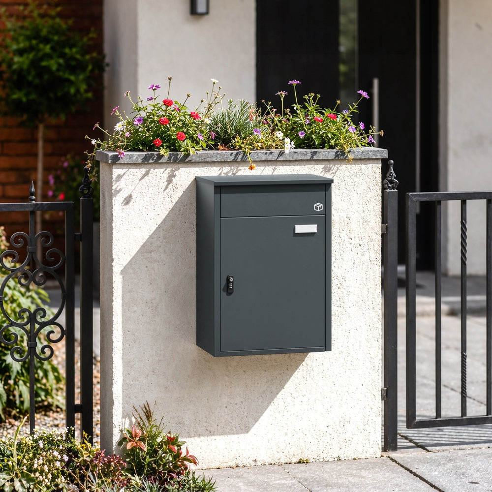 SoBuy Paketbox mit Briefkasten Paketbox Anthrazit mit Zahlenschloss Dunkelgrau OGS65-DG
