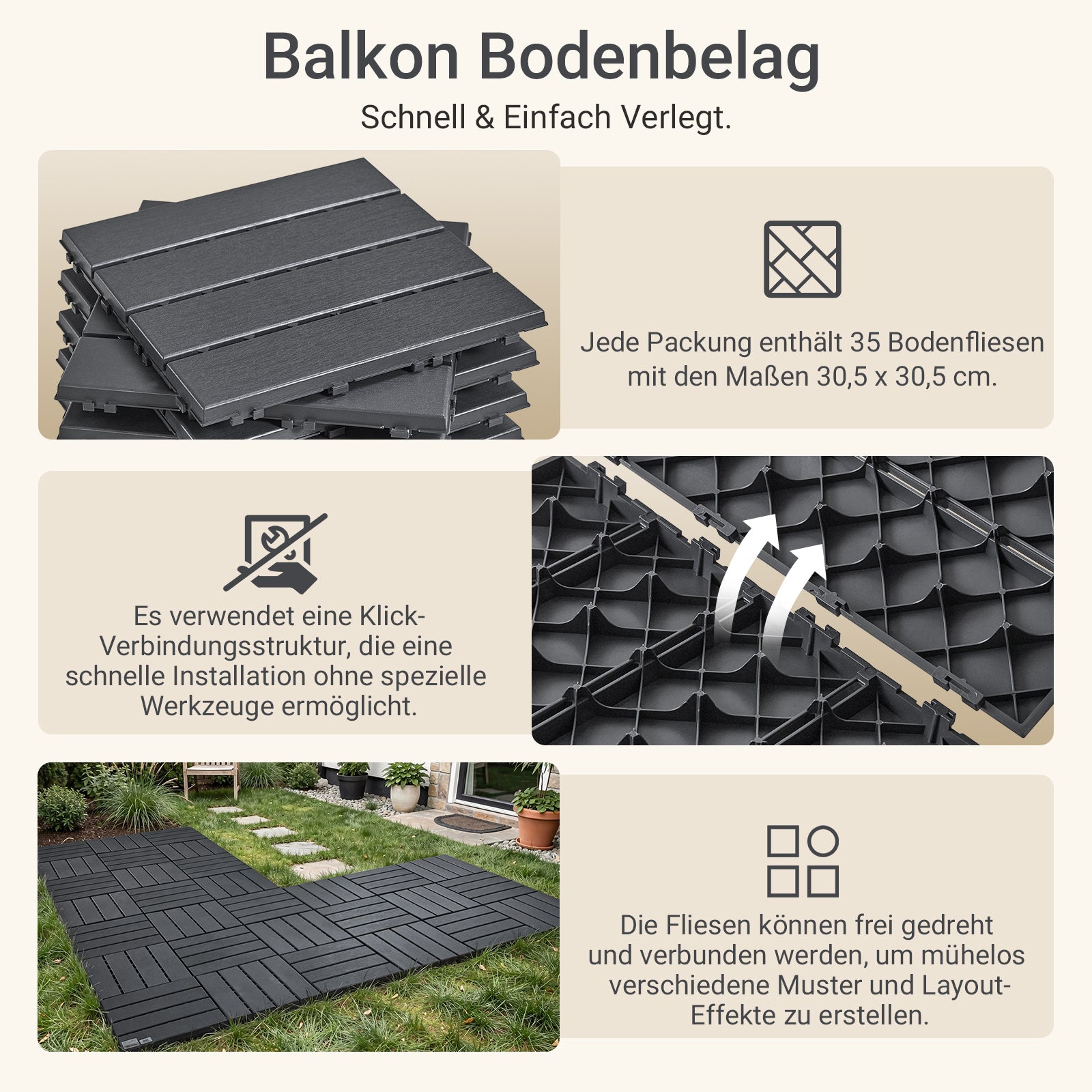 SoBuy | Balkonfliesen 35er Set aus WPC | Wetterfeste Klickfliesen für Balkon & Terrasse in Grau, 30,5 x 30,5 cm | SDA15-HG