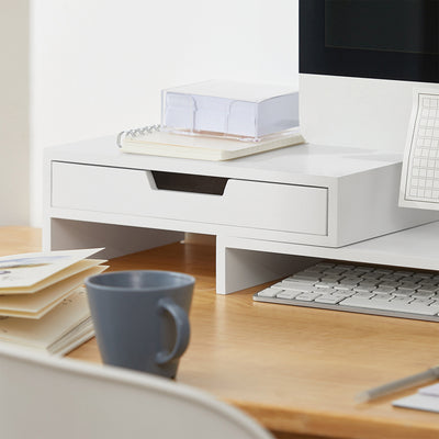 SoBuy | Design Monitorerhöhung für 2 Monitore | Monitorständer mit 2 Schubladen | Bambus | BBF04-W