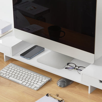 SoBuy | Design Monitorerhöhung für 2 Monitore | Monitorständer mit 2 Schubladen | Bambus | BBF04-W