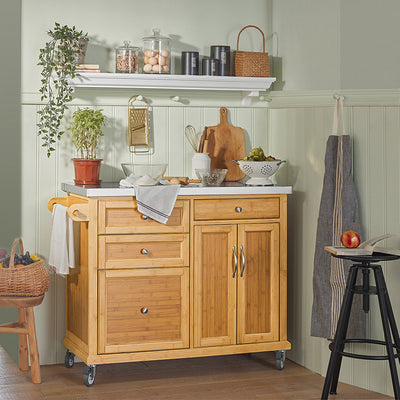 SoBuy | Kücheninsel | Küchenwagen mit Edelstahlarbeitsplatte | Küchenschrank Bambus | FKW70-N