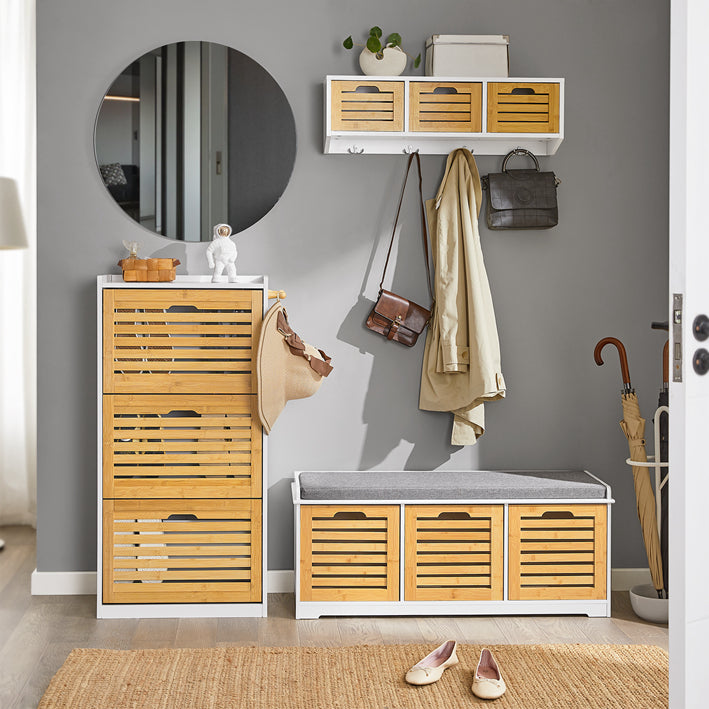 SoBuy | Sitzbank mit Sitzkissen | Schuhtruhe Bambus | Sitzkommode Weiß | FSR23-WN