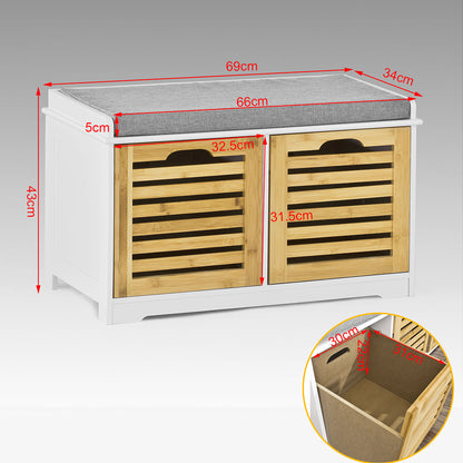 SoBuy | Sitzbank mit Sitzkissen | Schuhtruhe Bambus | Sitzkommode Weiß | FSR23-K-WN
